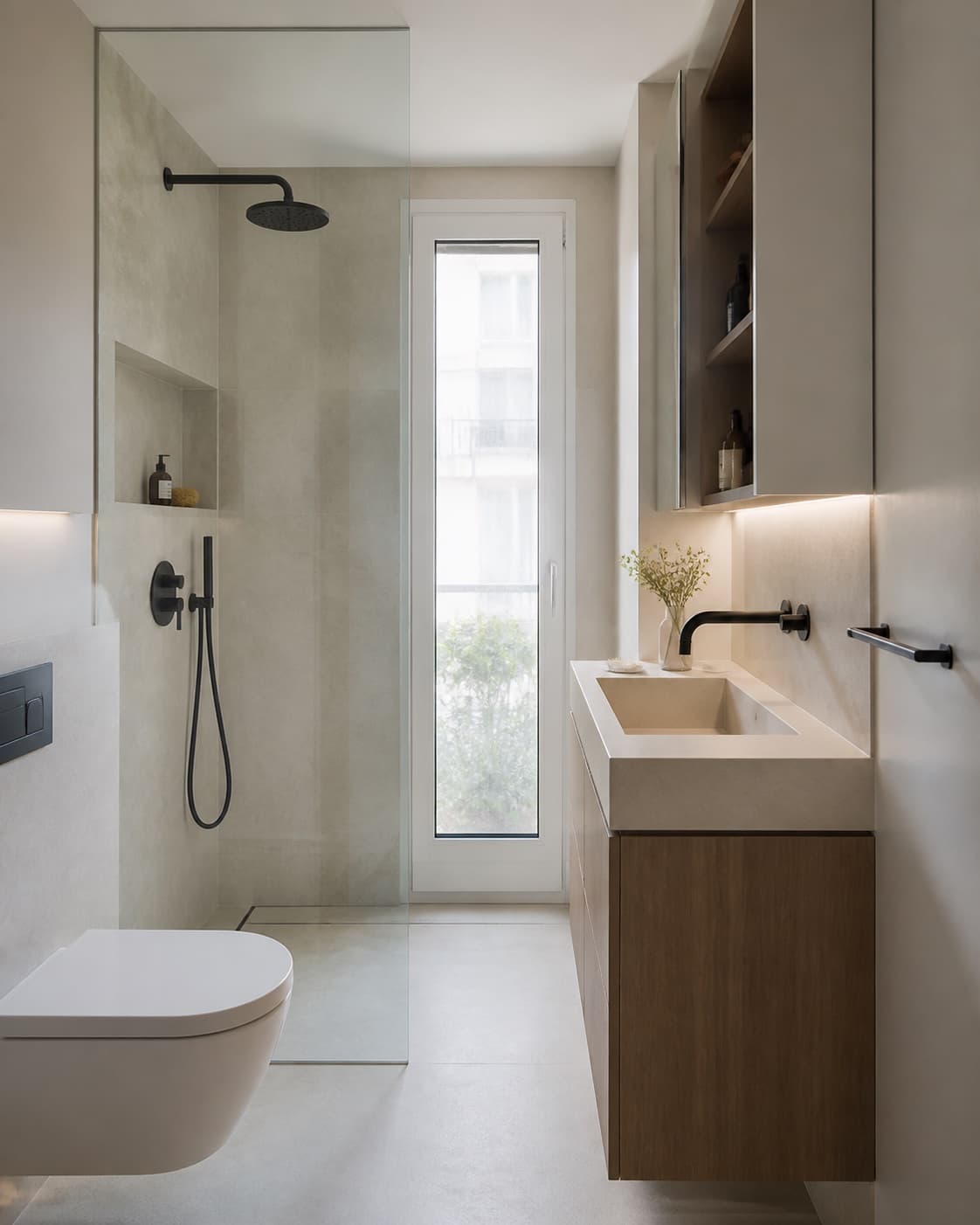 Baño reformado con ducha, almacenaje y acabados minerales