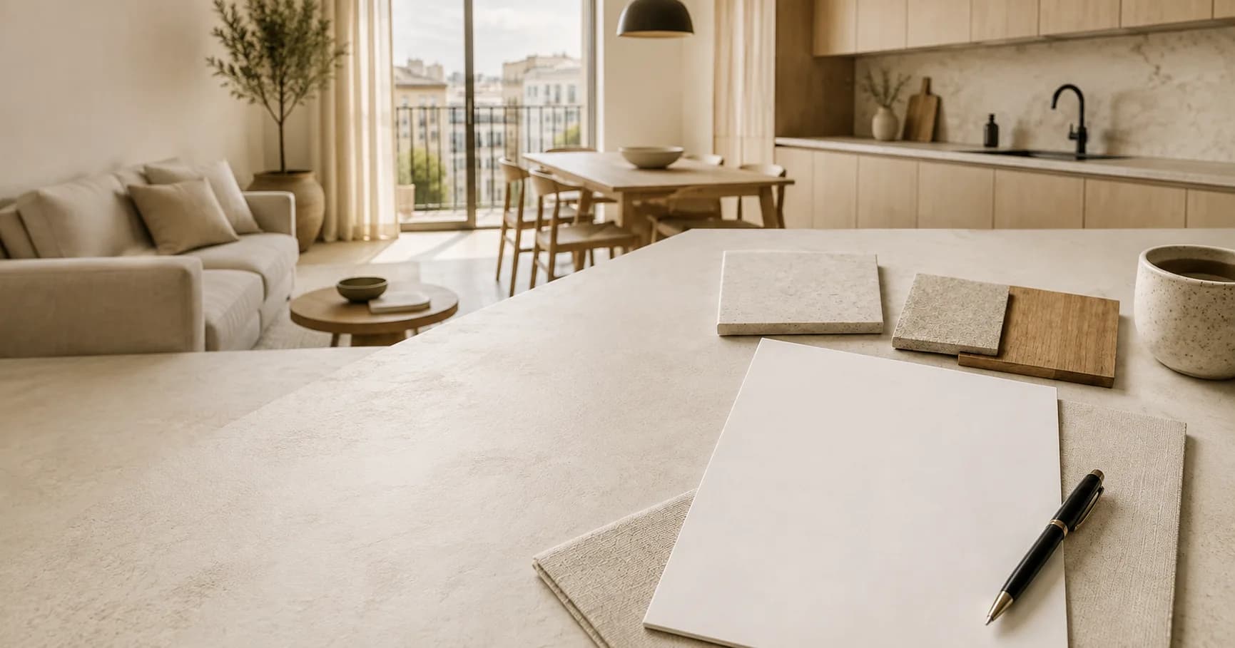 Presupuesto de reforma integral sobre una mesa con muestras de materiales en una vivienda reformada en Barcelona